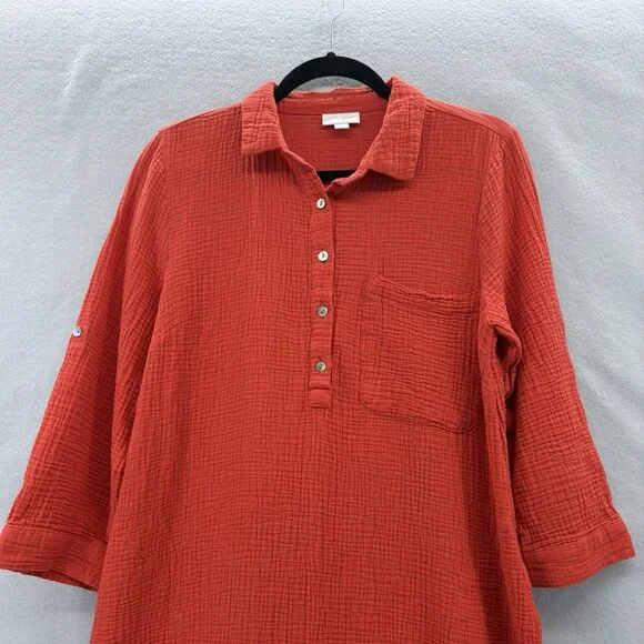 J. Jill Cotton-Gauze Shirtdress in Persimmon Red Orange SZ Small Beachy, Coastal - Picture 2 of 15